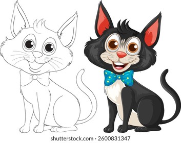 Vector illustration of a playful cartoon cat with a bow tie, featuring vibrant colors and detailed linework