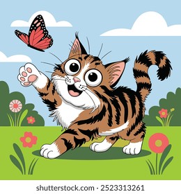 Vector illustration of a playful cat with oversized eyes and fluffy fur, energetically pawing at a colorful butterfly