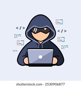 Vector Illustration of a Playful Hacker Mascot: Hooded Figure Holding a Laptop Amidst Surrounding Digital Code Elements in Dark Tones and Bright Accents.