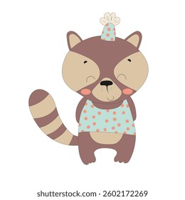Vector illustration of a playful raccoon wearing a polka dot outfit and party hat on a white background. Cute and simple design for kids.