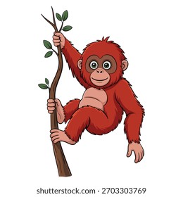 Ilustração vetorial de orangotango vermelho brincalhão isolado no fundo branco ideal para o desenho animado da vida selvagem da selva ou animal temático criativo arte decoração