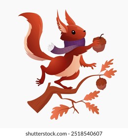 Vector illustration of a playful squirrel on a tree branch while holding an acorn in its paws for children s illustrations, nature-themed designs, educational materials, and seasonal projects.