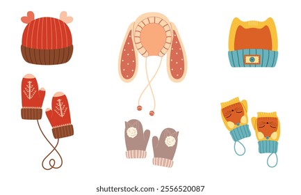 Vector illustration of playful winter hats and mittens. Unique designs for kids and families. Perfect for seasonal designs, winter apparel, and holiday-themed projects.