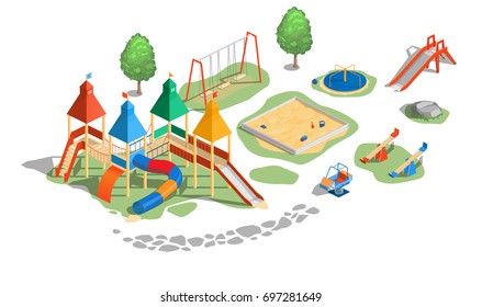 Vector illustration Playground, Back yard, Children's playground. Carousel Isometry.