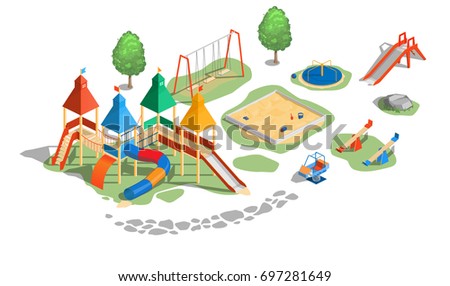 Vector illustration Playground, Back yard, Children's playground. Carousel Isometry.