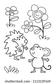 Vector illustration of a playing animals. Coloring page. Printable.