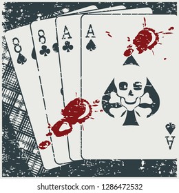 Vector illustration of a playing card combination called Dead Man Hand with blood stains on it in retro poster style