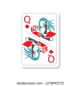 Vector illustration playing card lady of buby. Set of vector symbols. The playing card of the dangerous and stylish lady in a hat with a fan a symbol buby. Flat design Monochrome