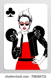 Vector illustration of playing card. Queen of Clubs.