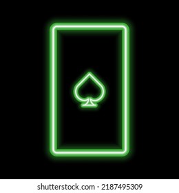 Vector illustration. playing card, spades with neon effect, green glow, on a dark background. Neon sign for advertising publishers, nightclubs