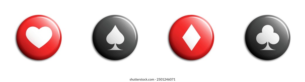 Vector illustration of playing card suit buttons in red and black, perfect for gaming and entertainment designs.