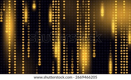 Vector illustration of playing card suit symbols floating vertically, glowing golden on a dark background. Dynamic, futuristic style. For casino, poker, gambling and digital entertainment design.