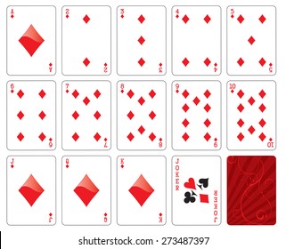 Vector illustration of playing cards diamond suit, including Joker and blue background with ornament. 