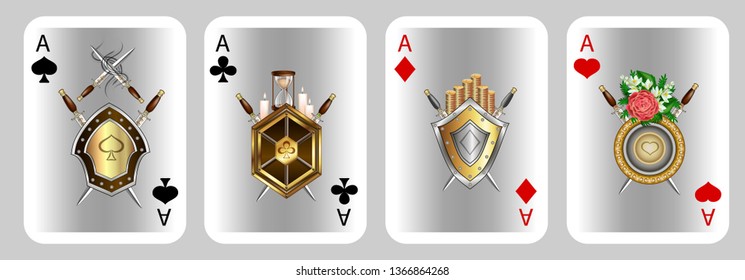 Vector illustration of playing cards extra aces from full set №2, ACE of all colors