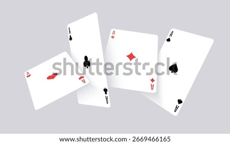 Vector illustration of playing cards floating in the air. Spade, heart, club, and diamond aces in dynamic arrangement. Perfect for poker, casino, gambling, entertainment, and graphic projects.