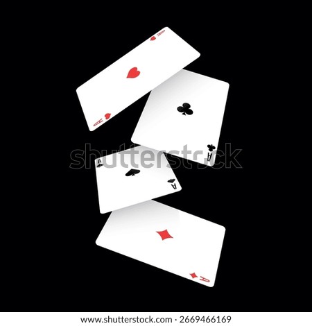 Vector illustration of playing cards floating in the air. Spade, heart, club, and diamond aces in dynamic arrangement. Perfect for poker, casino, gambling, entertainment, and graphic projects.