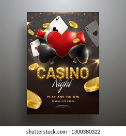 Vector illustration of playing cards with gold coins on shiny gray background with marquee text Casino.