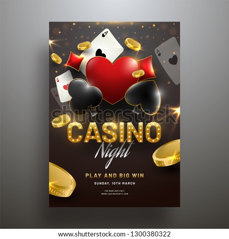 Vector illustration of playing cards with gold coins on shiny gray background with marquee text Casino.