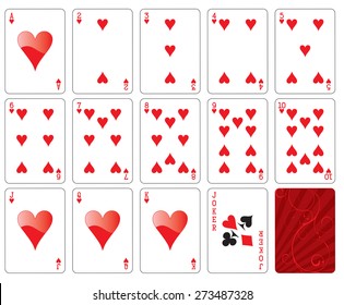 Vector illustration of playing cards heart suit, including Joker and blue background with ornament. 