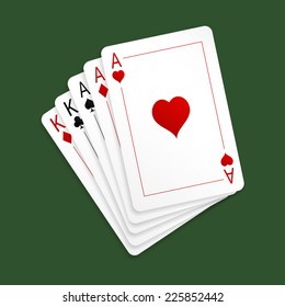 Vector illustration of playing cards - poker hand full house. Three aces and pair of kings. Isolated on green background. EPS 10.