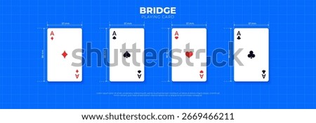 Vector illustration of playing cards for poker showing their dimensions. Size layout guides. Spade, heart, club, and diamond aces. For card game design, and educational or graphic projects.