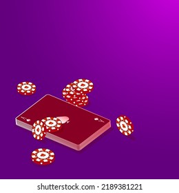 Vector illustration. Playing cards and scattered playing chips in isometric style. Ready-made banner for advertising casinos and gambling clubs