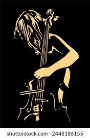 Vector illustration of playing cello. Silhouette in backlight. 
