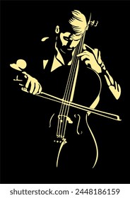 Vector illustration of playing cello. Silhouette in backlight. 

