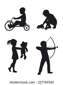 Vector illustration of a playing children silhouettes
