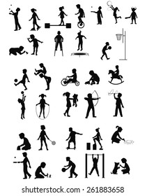 Vector illustration of a playing children silhouettes set