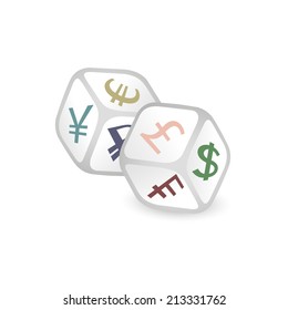 Vector illustration of playing cubes with symbols of currencies of the world.