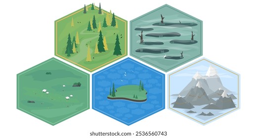 Ilustración vectorial. El campo de juego. Paisajes minimalistas para diferentes biomas. Invierno, primavera, otoño. Pantano, campo, bosque, montañas, lago. Variedad para tus proyectos.