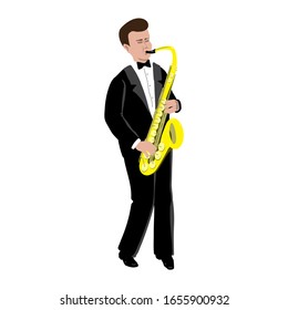 Vector Illustration of a playing the saxophone man in the style of the 1920s. Handsome young european jazz man. Character in flat style, isolated on a white background