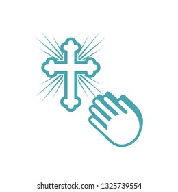 Vector illustration pleading gesture of hands and orthodox cross. Set of two vector icons. The sincere address in a prayer before a sacred cross. Flat design