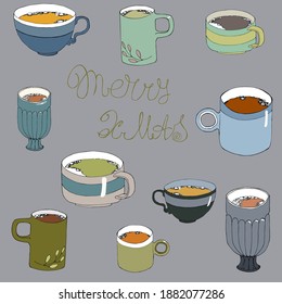 vector illustration pleasant tea drink in different cups and mugs, Christmas tea