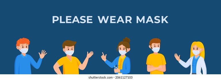 Vector illustration of please wear mask. Picture on blue background. 