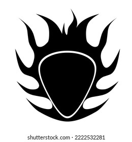 Vector illustration of a plectrum with black flames. Music house logo on white background.