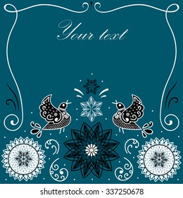 Vector illustration with plenty space for your text. Template frame for card, invitation card. Lace ornament with flowers and birds