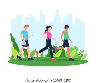 Vector illustration Plogging. Run and clean, Plogging movement or marathon. Man and woman picking up litter during plogging in park or outdoor. Collect garbage while running. Vector in flat style