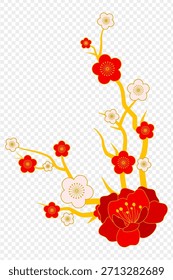 Ilustración vectorial de la rama del árbol de flor de ciruelo sobre fondo transparente