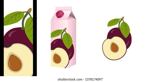 Vector illustration of a plum cut in half, framed in close-up to decorate a fruit juice packaging.