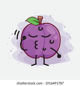 Vector Illustration of Plum Fruit Character with cute face, simple hands and leg line art on Isolated Background. Flat cartoon doodle style.
