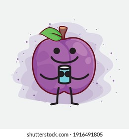 Vector Illustration of Plum Fruit Character with cute face, simple hands and leg line art on Isolated Background. Flat cartoon doodle style.