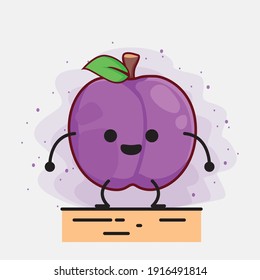 Vector Illustration of Plum Fruit Character with cute face, simple hands and leg line art on Isolated Background. Flat cartoon doodle style.