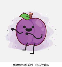 Vector Illustration of Plum Fruit Character with cute face, simple hands and leg line art on Isolated Background. Flat cartoon doodle style.