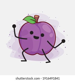 Ilustración vectorial de Plum Fruit Character con cara linda, manos simples y líneas de piernas en fondo aislado. Estilo de dibujo animado plano.