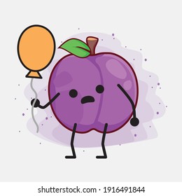 Vector Illustration of Plum Fruit Character with cute face, simple hands and leg line art on Isolated Background. Flat cartoon doodle style.