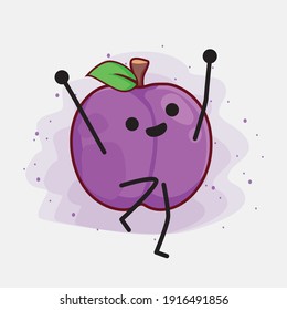 Vector Illustration of Plum Fruit Character with cute face, simple hands and leg line art on Isolated Background. Flat cartoon doodle style.