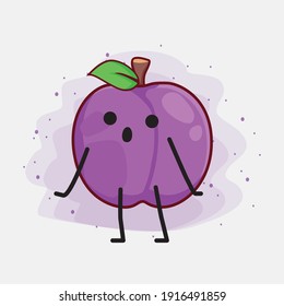 Vector Illustration of Plum Fruit Character with cute face, simple hands and leg line art on Isolated Background. Flat cartoon doodle style.
