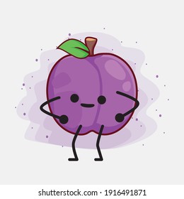 Vector Illustration of Plum Fruit Character with cute face, simple hands and leg line art on Isolated Background. Flat cartoon doodle style.